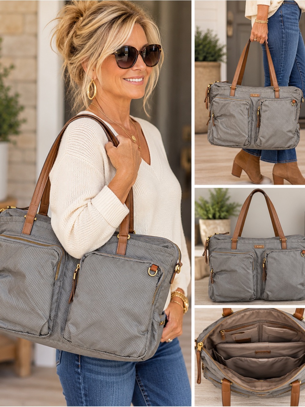 TUMI LEATHER TRIM GREY NYLON TOTE DUFFLE TRAVEL BAG